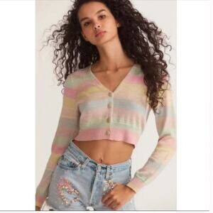 LoveShackFancy Asteria Stripe Crop Cardigan Sweater Pastel Striped Sz XS